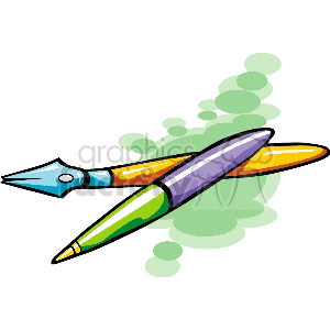 Clipart image of a fountain pen and a ballpoint pen with colorful, artistic design and green abstract background.