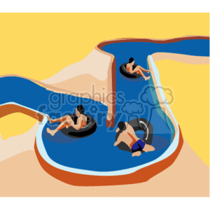   The clipart image depicts a water slide at an amusement park with individuals on inflatable tubes enjoying the ride. The slide has a curving blue track and there are splashes of water around, indicating motion and the fun atmosphere typical of an amusement park water ride. 