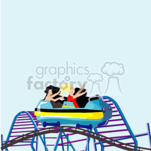The clipart image depicts a roller coaster cart at the peak of a track with three excited passengers enjoying the ride. The cart is multicolored with a blue front, and the track is depicted in various shades of purple and blue. The background is a simple, plain light blue, giving the impression of a clear sky.