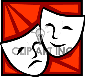 This image shows the iconic comedy and tragedy masks that are often associated with theater and the dramatic arts. The mask on the left represents tragedy with a sad expression, and the mask on the right represents comedy with a smiling face. Both are set against an abstract red and orange background with geometric shapes.