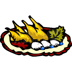 The clipart image depicts a stylized representation of a cooked chicken dish on a plate, garnished with what appears to be parsley and some sort of berry or other small round blue items, possibly representing a type of fruit or decorative element. There is a suggestion of flame or crispiness to indicate that the chicken might be roasted or grilled.