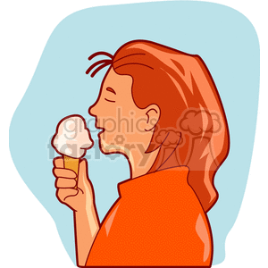 A person enjoying an ice cream cone with a simple background.