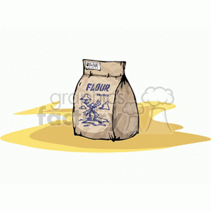 Illustration of a paper flour bag labeled 'flour' with a mill image, set against a yellow background.