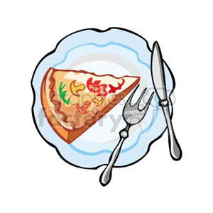 A clipart image of a slice of pizza on a plate with a fork and knife beside it.