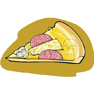 This is a clipart image of a slice of pizza featuring toppings such as cheese, pepperoni, mushrooms, and a crust.