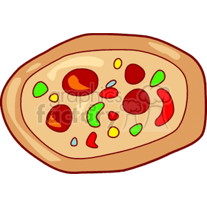 A colorful clipart image of a pizza with various toppings including pepperoni, green peppers, red peppers, and other assorted toppings.