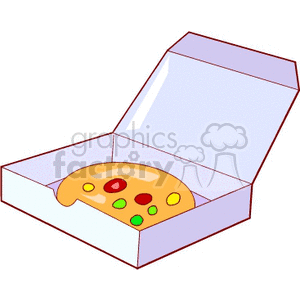 A clipart image of a pizza box with an open lid and a pizza inside. The pizza has various toppings including red, yellow, and green pieces.