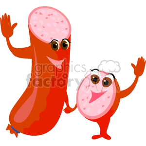 A fun and whimsical clipart image featuring two cartoon sausage characters. One character is a full sausage link with glasses, and the other is a smaller sausage slice. Both characters are smiling and waving.