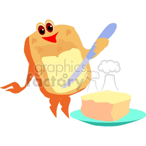 A cheerful cartoon slice of bread spreading butter with a knife, accompanied by a block of butter on a plate.