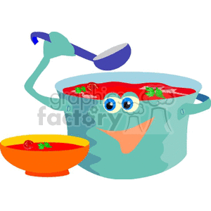 Cartoon image of a smiling soup pot with eyes, holding a ladle, next to a bowl of tomato soup.