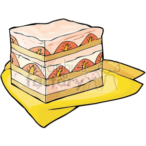 Clipart of a layered dessert cake with fruit filling on a yellow napkin.