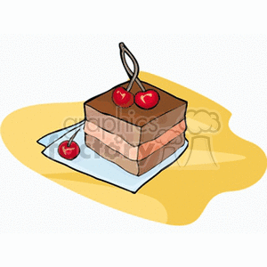 A slice of layered chocolate cake with cherries on top, set on a light background.