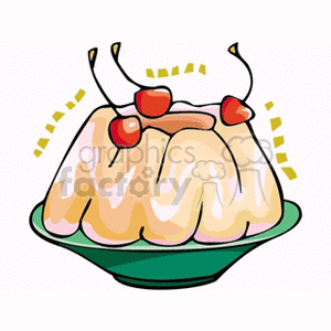 Clipart image of a dessert topped with cherries on a green plate.