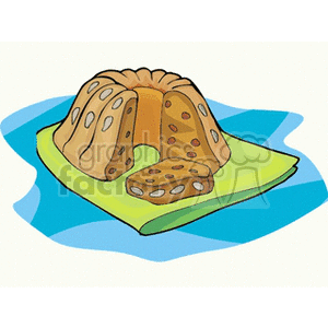 Illustration of a bundt cake with raisins or nuts on a green and blue background.