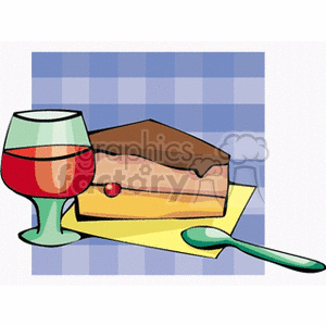 A piece of chocolate cake on a plate, accompanied by a glass of red beverage and a spoon, set against a checkered background.