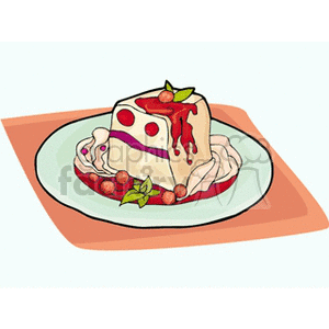 Clipart image of a slice of cake with berry topping and cream on a plate.