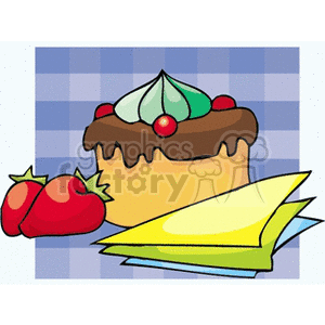 A colorful clipart image featuring a decorated cake with whipped cream and cherries, accompanied by strawberries and napkins on a checkered background.