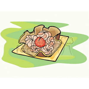 Clipart illustration of a dessert decorated with whipped cream and a cherry on top, placed on a plate.