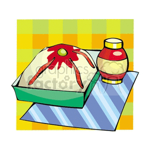 Colorful clipart illustration of a cake with icing and a jar, set on a patterned background.