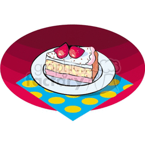 A slice of layered cake with strawberries on top, placed on a white plate over a colorful napkin.