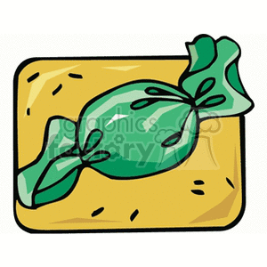 A colorful clipart image of a green wrapped candy on a yellow background.