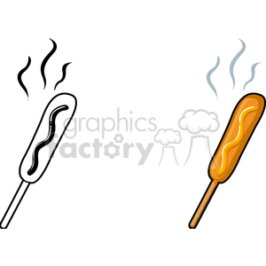 A clipart image featuring two corndogs; one in black and white and the other in color with mustard.