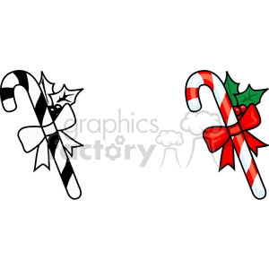 A clipart image featuring two candy canes with bows and holly leaves. One candy cane is in black and white, and the other is in traditional red and white with green leaves.