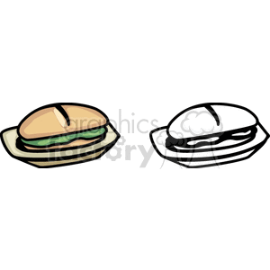 Clipart image of a sub sandwich on a plate, with one colored version and one black and white version.