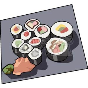 Clipart image featuring a variety of sushi rolls with raw fish, rice, and vegetables, accompanied by pickled ginger and wasabi on a plate.