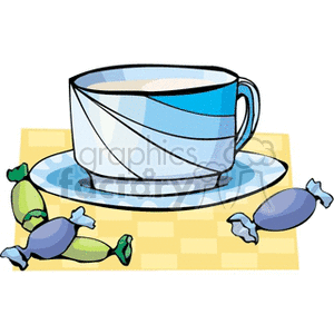 A clipart image of a blue and white cup on a saucer, surrounded by wrapped candies, placed on a yellow placemat.