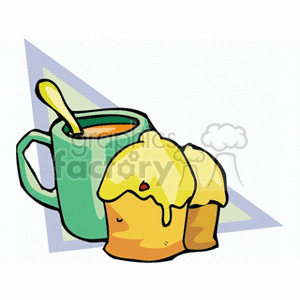 Clipart image of a hot beverage in a green cup with steam and a spoon, accompanied by two cupcakes with yellow icing.