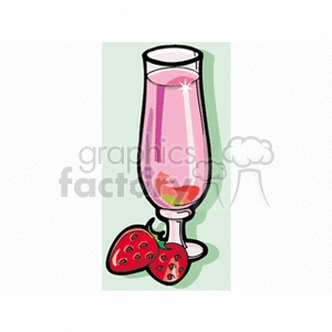 A clipart image of a tall glass filled with a pink beverage, accompanied by two strawberries.