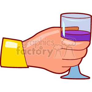 Illustration of a hand holding a glass filled with a purple beverage.