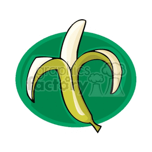 Clipart image of a peeled banana with a green background.