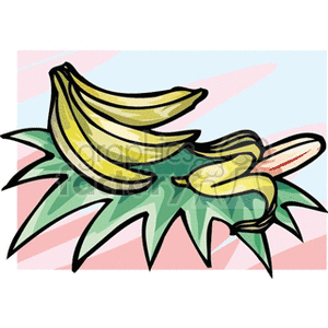 A clipart image featuring a bunch of bananas, with one banana peeled, resting on green leaves.