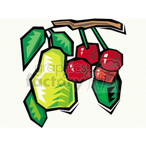 Clipart image featuring a stylized pear and cherries on a tree branch.