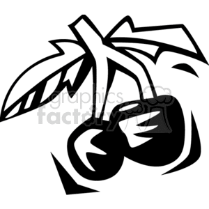 Black and white clipart of two cherries with leaves.