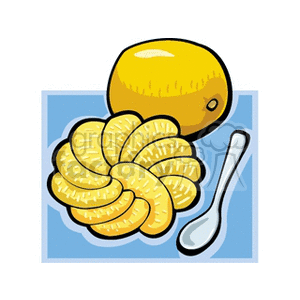 Clipart image of a peeled and segmented orange with a whole orange and a spoon.