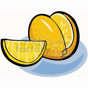 Clipart image of a sliced orange with a whole orange in the background.