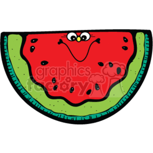   The clipart image features a cartoon-style watermelon slice with a happy, anthropomorphic face. The watermelon has a bright red interior dotted with black seeds, and its rind is green with a lighter green inner layer, typical of a watermelon