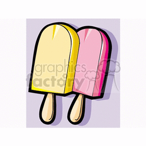 Clipart image of two Popsicles, one yellow and one pink, on a purple background.