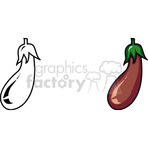 Clipart image featuring two eggplants, one in color and one in black and white outline.