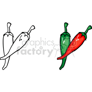 Clipart image of two chili peppers, one in black and white and the other in color with one pepper green and the other red.