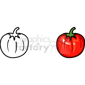 Clipart image of a tomato, with one side colored red and the other side in black and white.