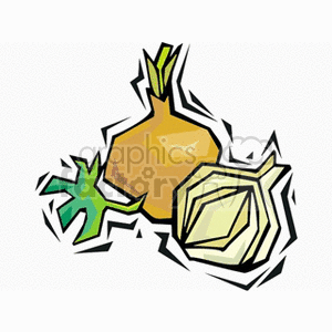 This clipart image features a stylized drawing of two onions with a green leaf. One onion is brown while the other is white, depicted in a geometric, abstract style.