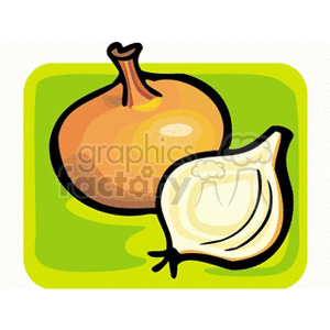 Clipart illustration of a whole onion and a half onion on a green background.