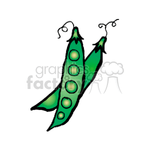 The image is a clipart of a green pea pod with individual peas visible inside it. The pod appears to be partially open, allowing a view of the peas, and there are tendrils curving out from the ends of the pod.