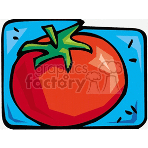 A vibrant, red tomato clipart illustration with a green stem set against a blue background.