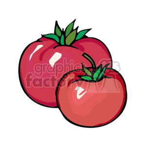 A clipart image of two red tomatoes with green stems and leaves.