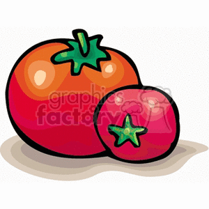 Clipart image of two tomatoes with green stems. One is larger and the other is smaller.